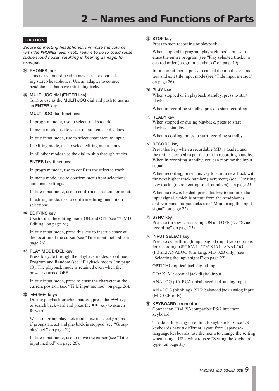 2 − names and functions of parts | Tascam MD-02 User Manual | Page 9 / 40
