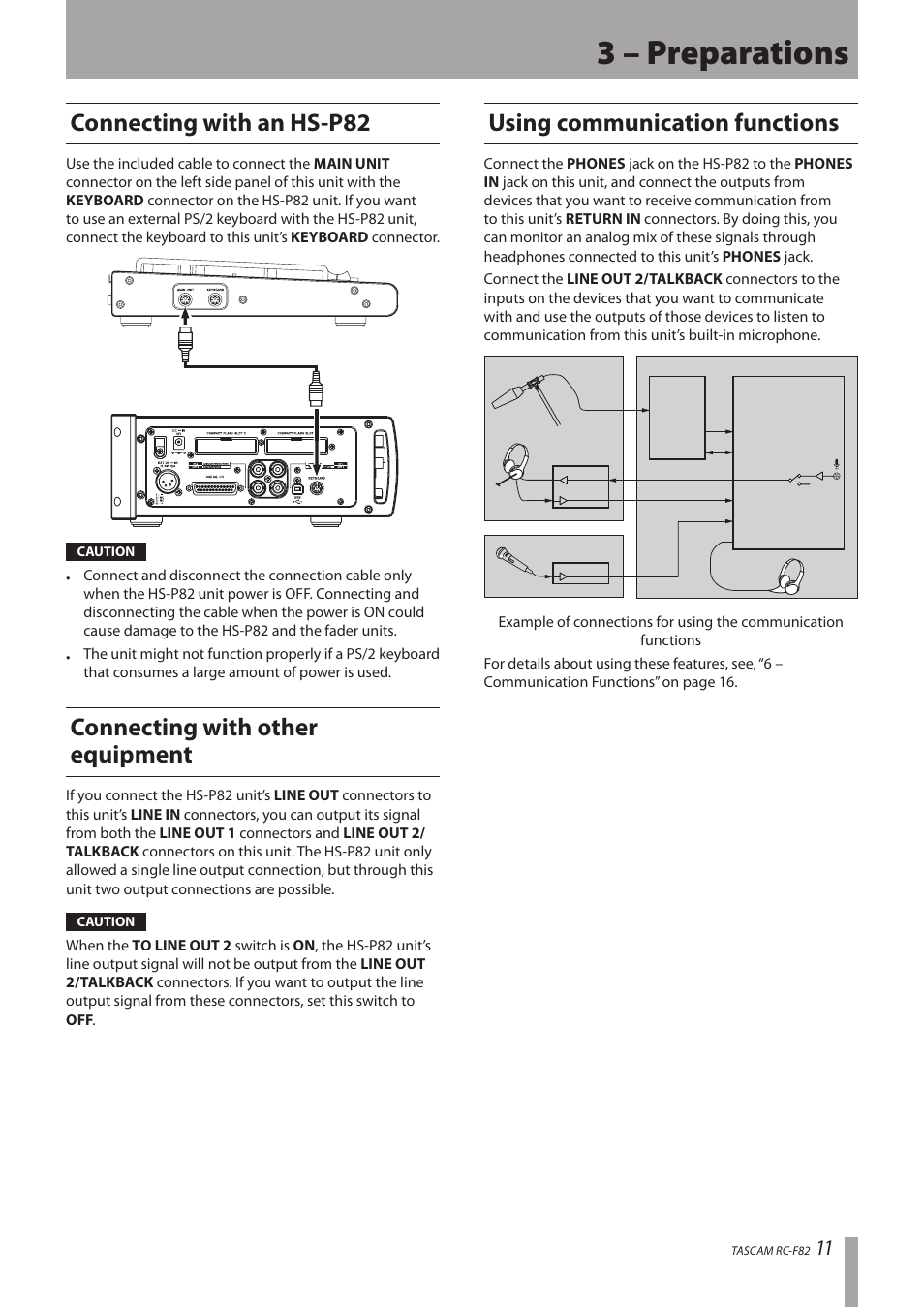 3 – preparations, Connecting with an hs-p82, Connecting with other equipment | Using communication functions | Tascam RC-F82 User Manual | Page 11 / 20