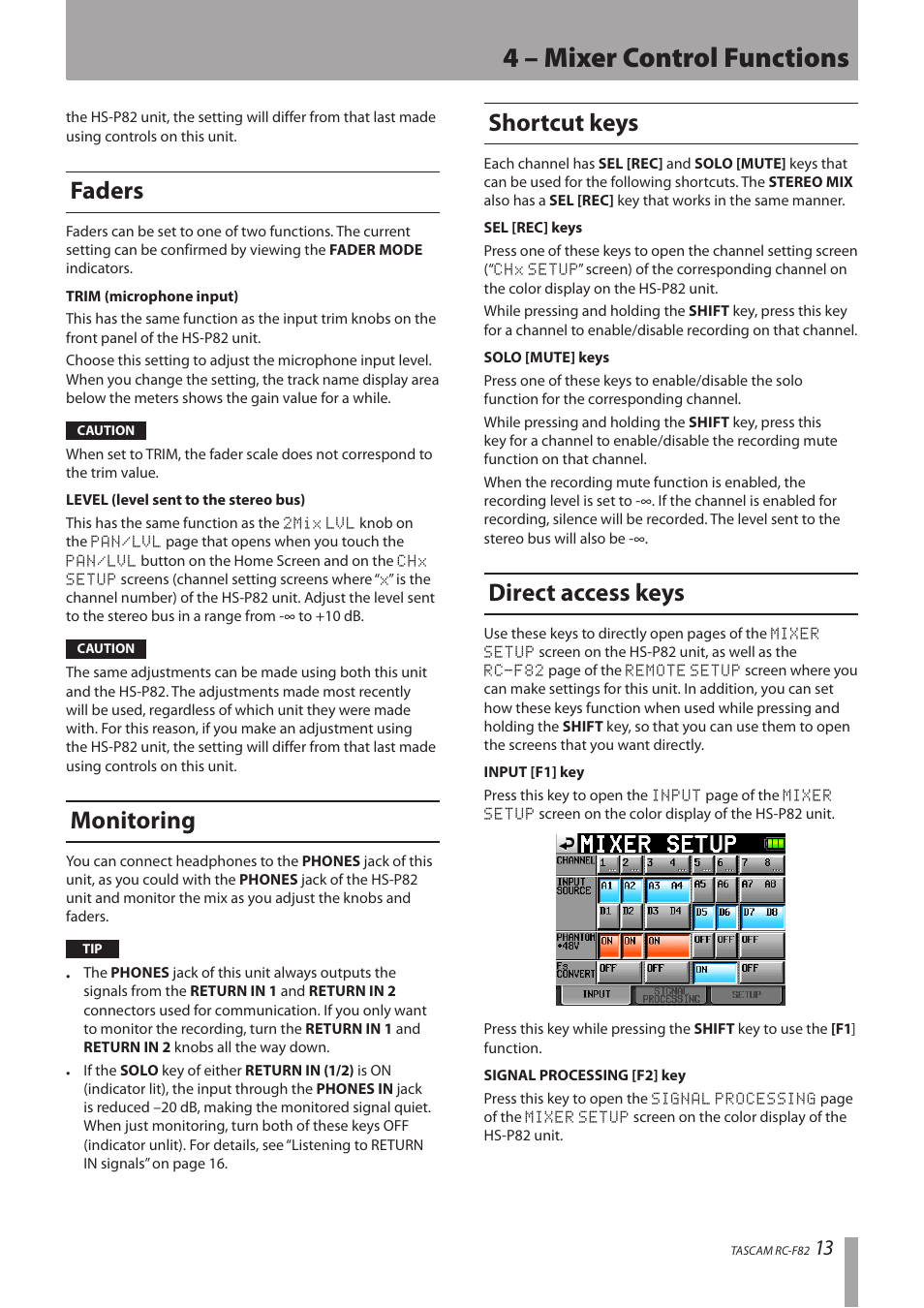 Faders, Monitoring, Shortcut keys | Direct access keys, Faders monitoring shortcut keys direct access keys, 4 – mixer control functions | Tascam RC-F82 User Manual | Page 13 / 20