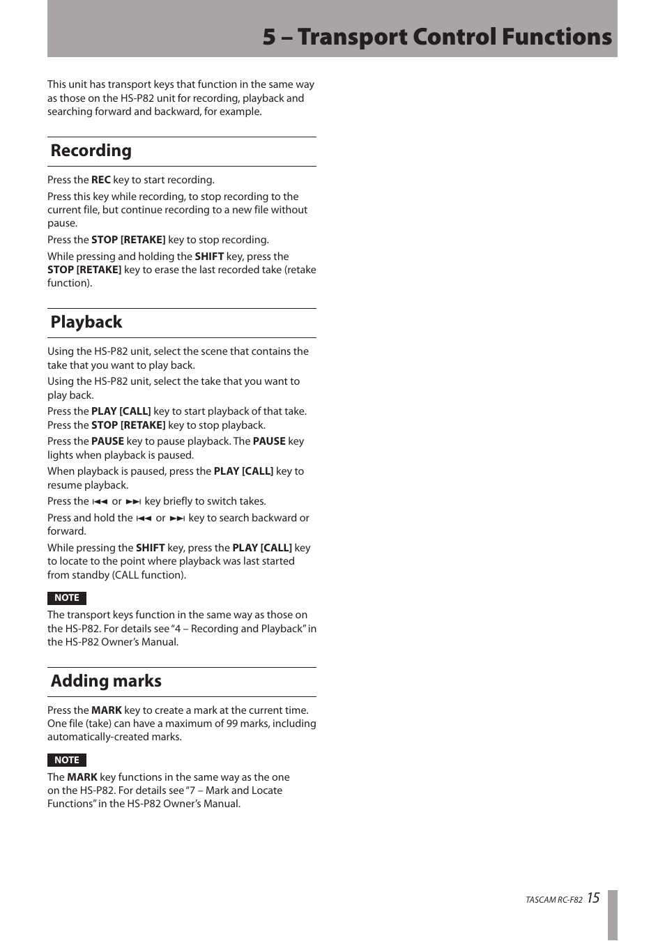 5 – transport control functions, Recording, Playback | Adding marks, Recording playback adding marks | Tascam RC-F82 User Manual | Page 15 / 20