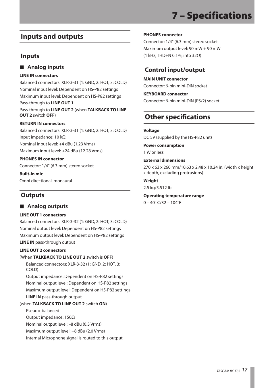 7 – specifications, Inputs and outputs, Inputs | Outputs, Control input/output, Other specifications, Inputs outputs control input/output | Tascam RC-F82 User Manual | Page 17 / 20