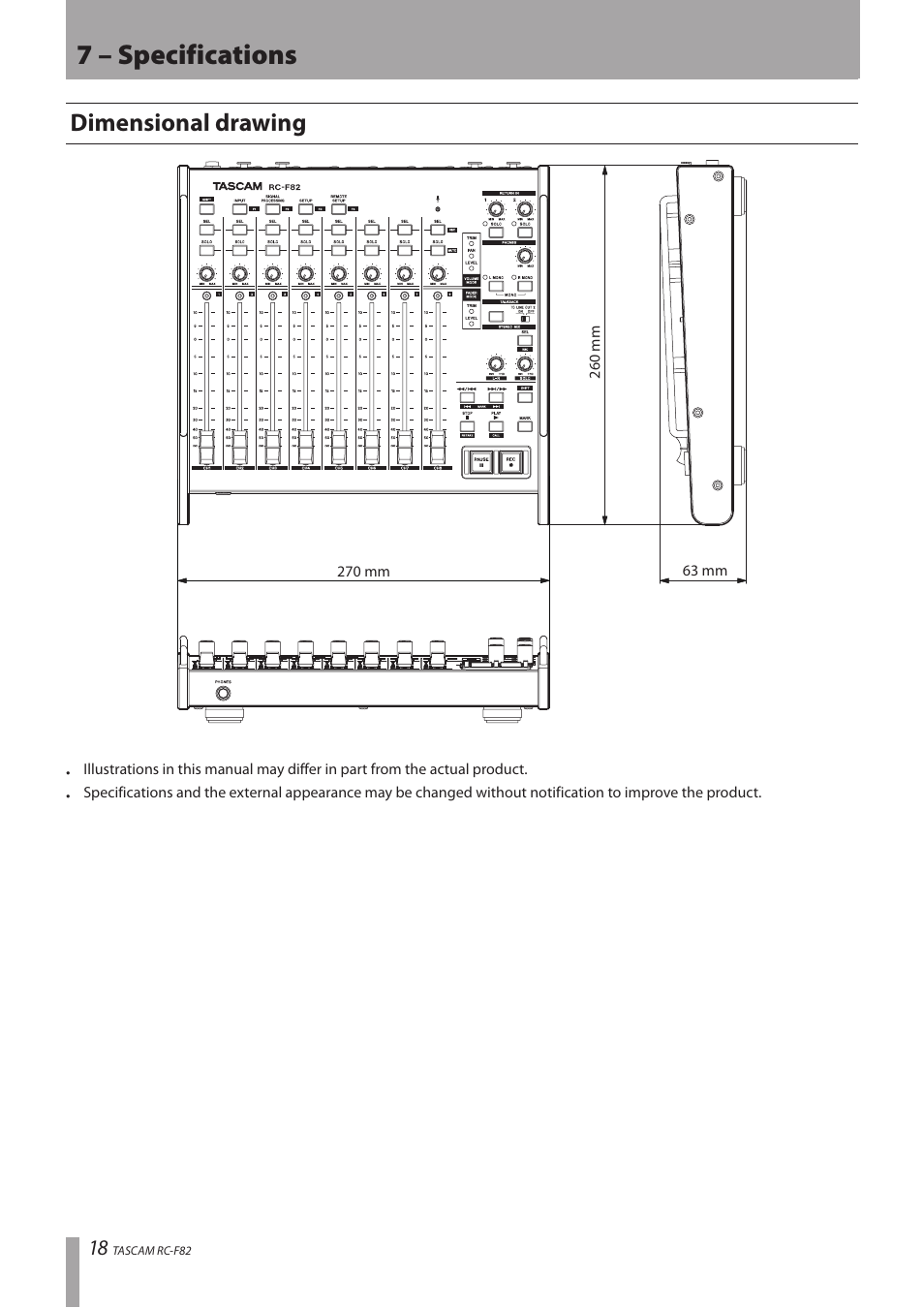 Dimensional drawing, 7 – specifications | Tascam RC-F82 User Manual | Page 18 / 20