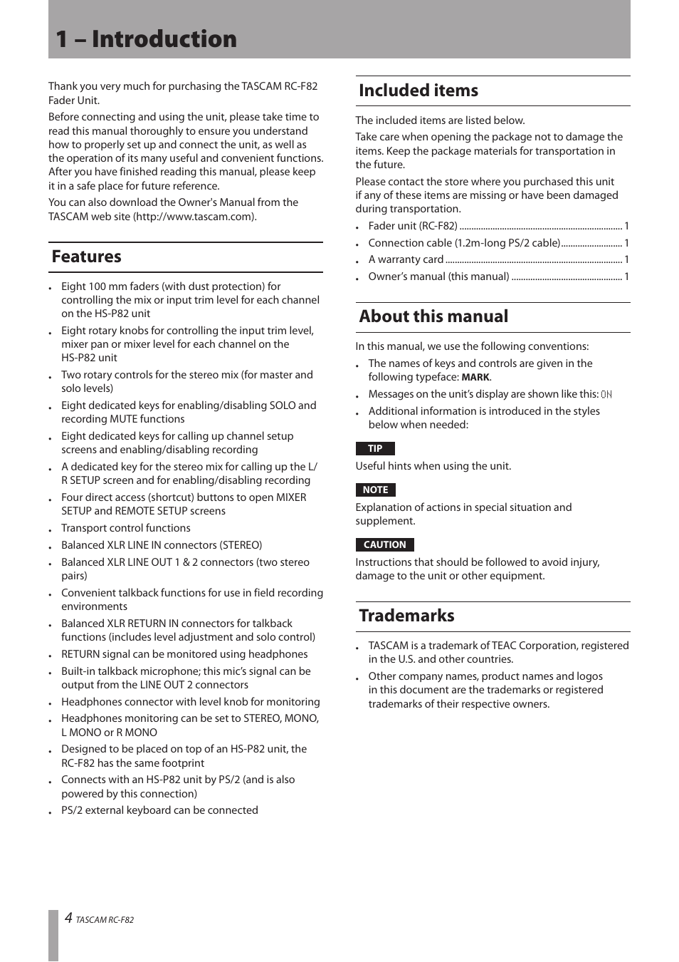 1 – introduction, Features, Included items | About this manual, Trademarks | Tascam RC-F82 User Manual | Page 4 / 20