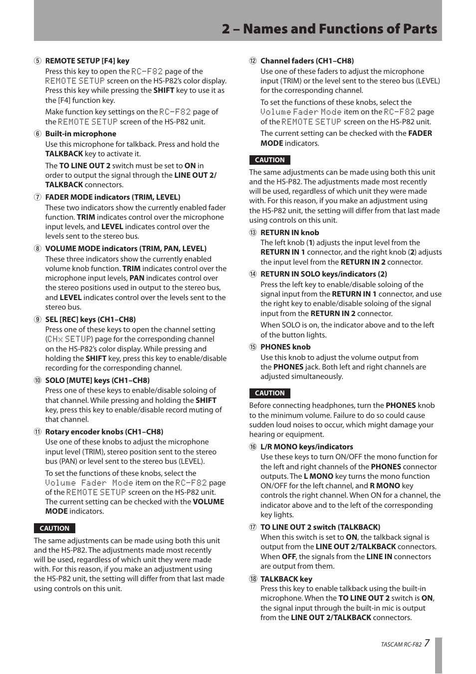 2 – names and functions of parts | Tascam RC-F82 User Manual | Page 7 / 20