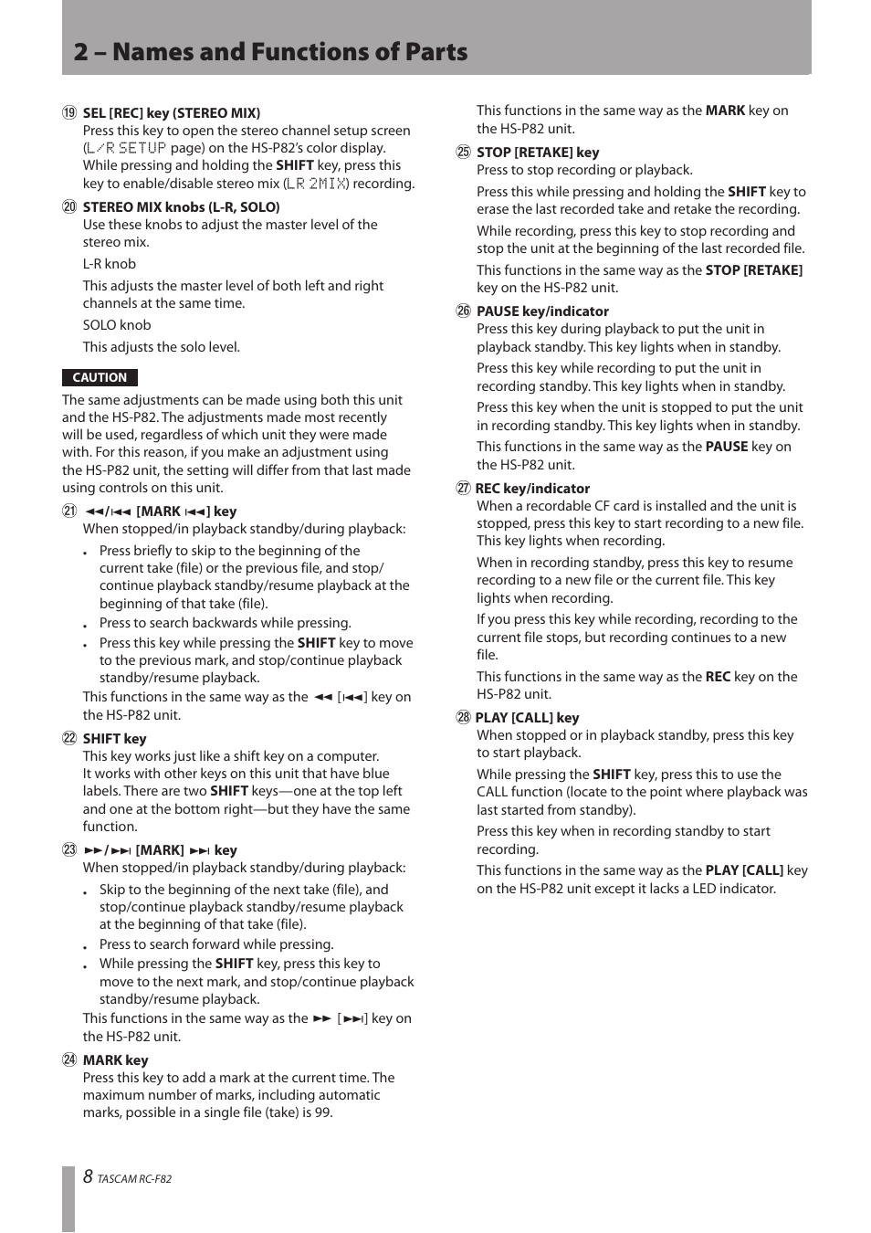 2 – names and functions of parts | Tascam RC-F82 User Manual | Page 8 / 20