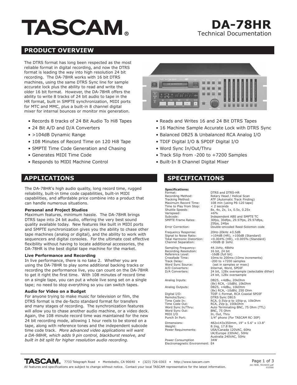 Tascam DA-78HR User Manual | 3 pages