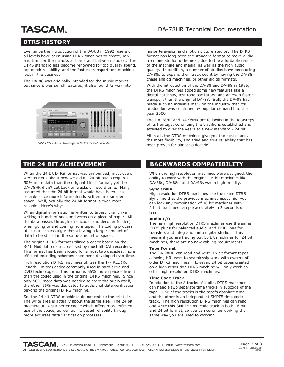 Da-78hr technical documentation, Dtrs history, The 24 bit achievement backwards compatibility | Tascam DA-78HR User Manual | Page 2 / 3