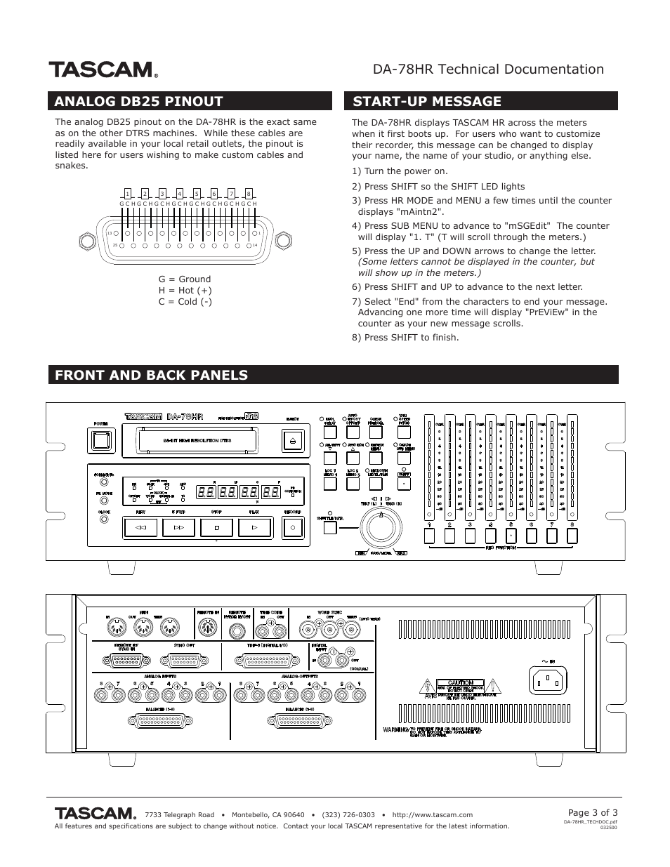 Da-78hr technical documentation, Front and back panels start-up message, Analog db25 pinout | Tascam DA-78HR User Manual | Page 3 / 3