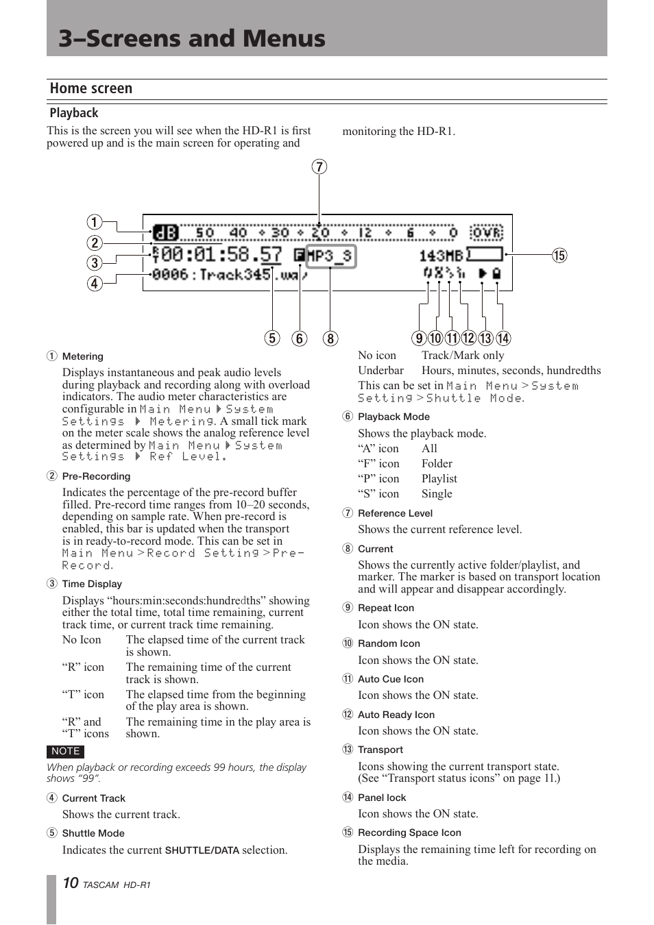 Screens and menus, Home screen, Playback | 3–screens and menus | Tascam HD-R1 User Manual | Page 10 / 32