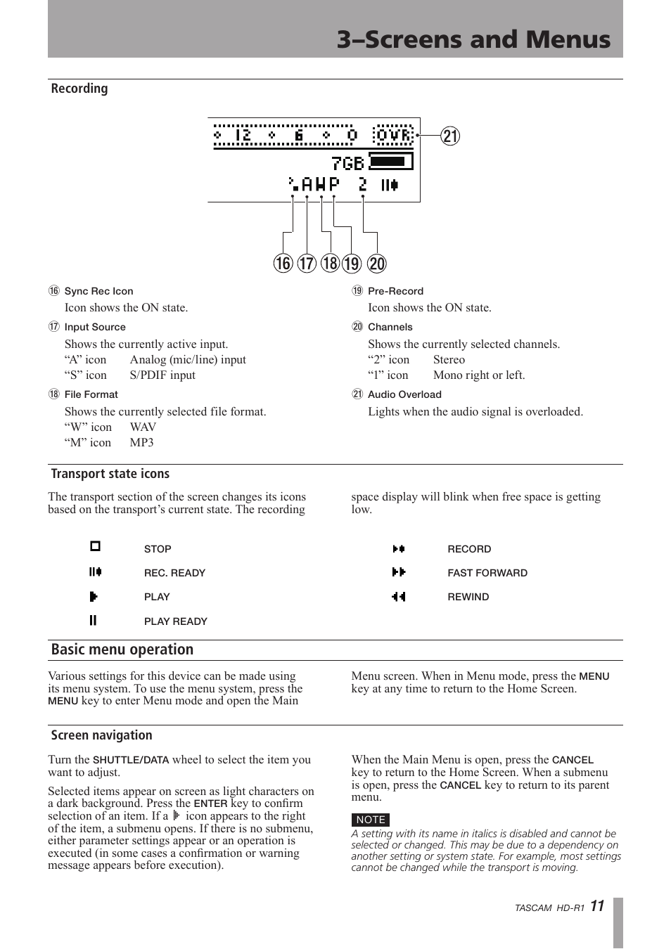 Recording, Transport state icons, Basic menu operation | Screen navigation, 3–screens and menus | Tascam HD-R1 User Manual | Page 11 / 32