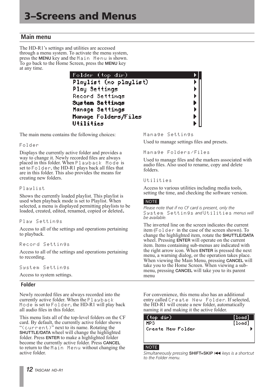Main menu, Folder, 3–screens and menus | Tascam HD-R1 User Manual | Page 12 / 32