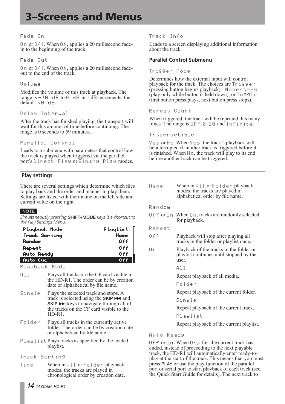 Play settings, 3–screens and menus | Tascam HD-R1 User Manual | Page 14 / 32