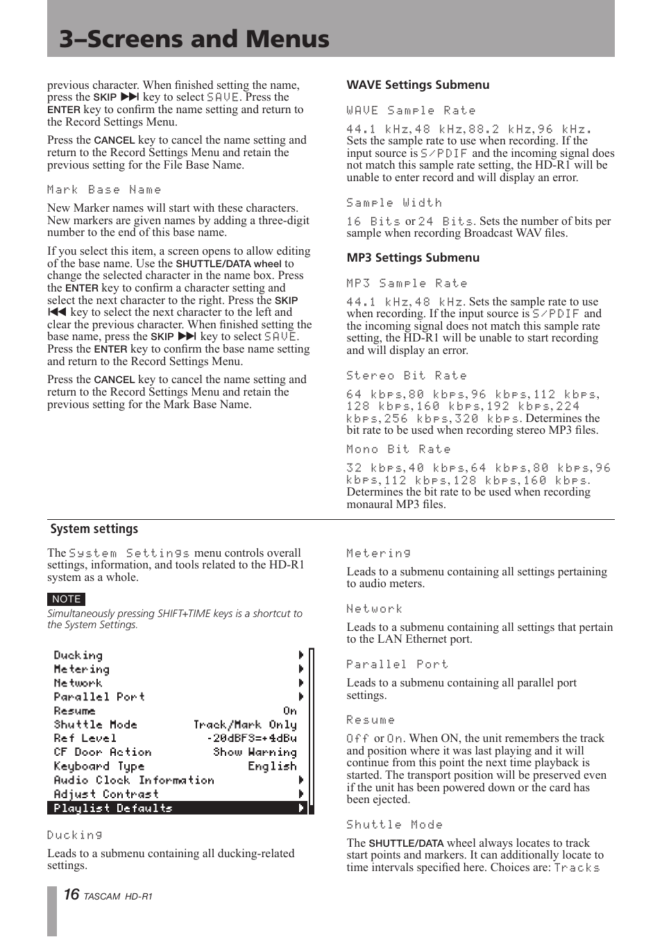 System settings, 3–screens and menus | Tascam HD-R1 User Manual | Page 16 / 32