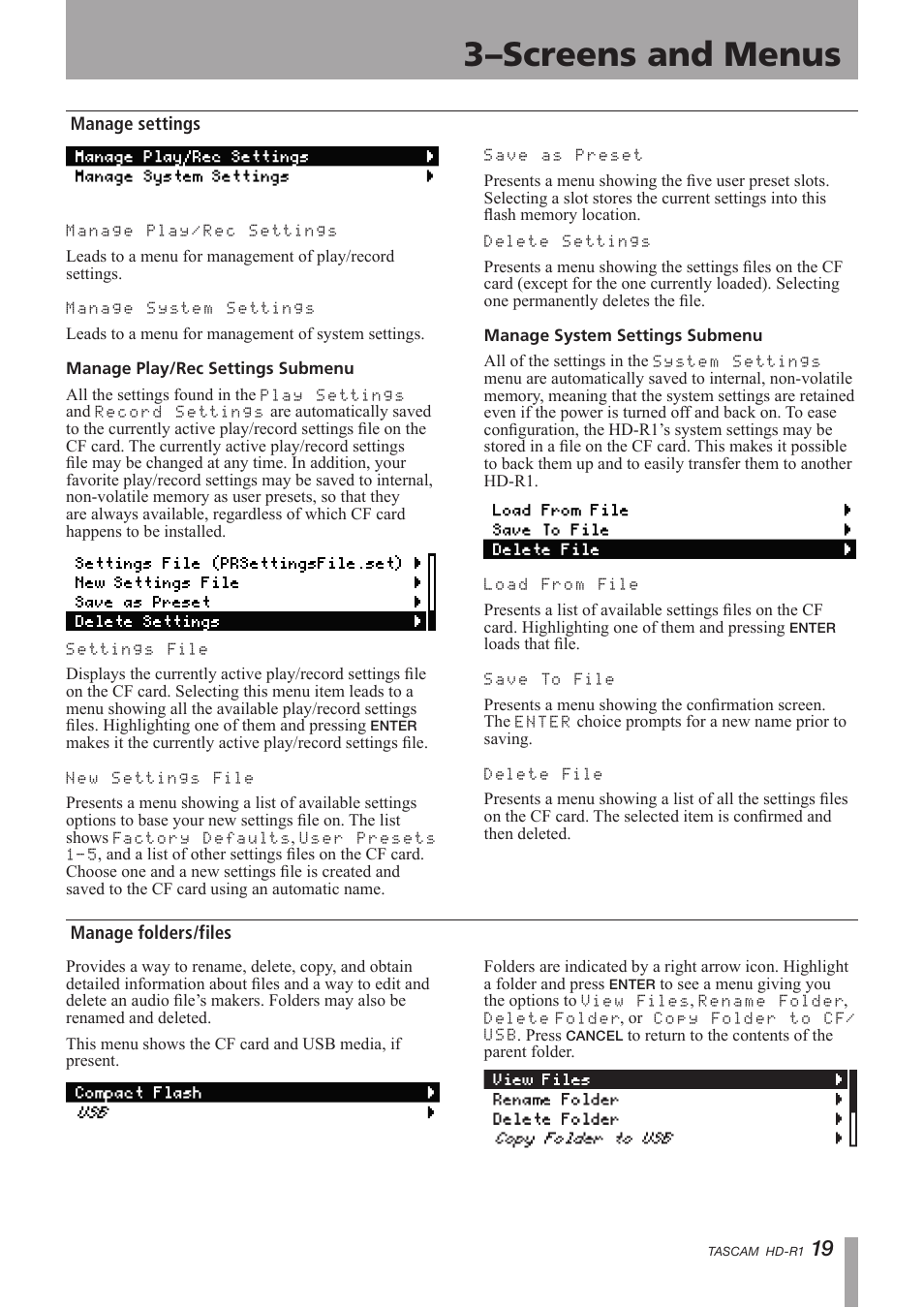 Manage settings, Manage folders/files, 3–screens and menus | Tascam HD-R1 User Manual | Page 19 / 32