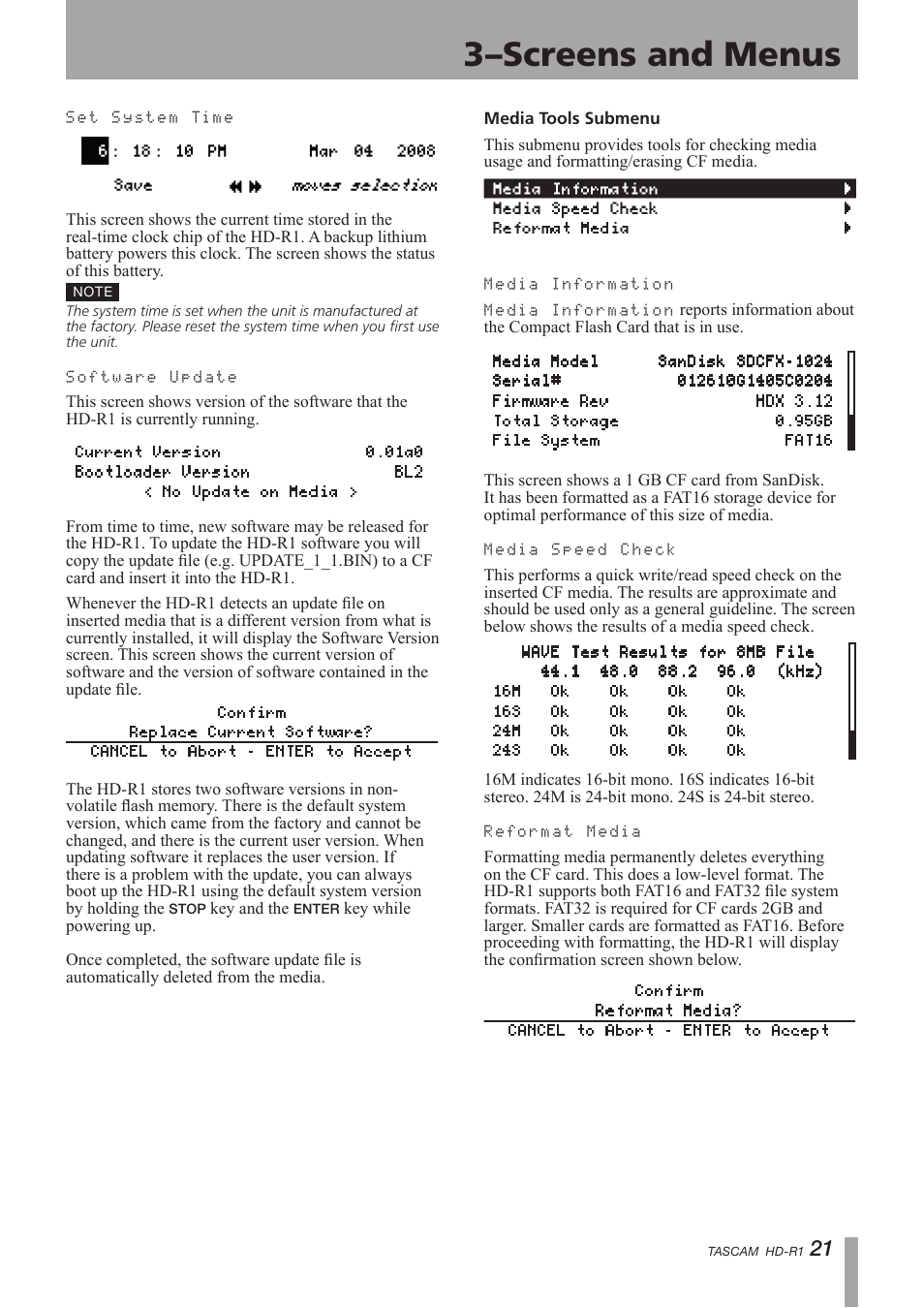 3–screens and menus | Tascam HD-R1 User Manual | Page 21 / 32