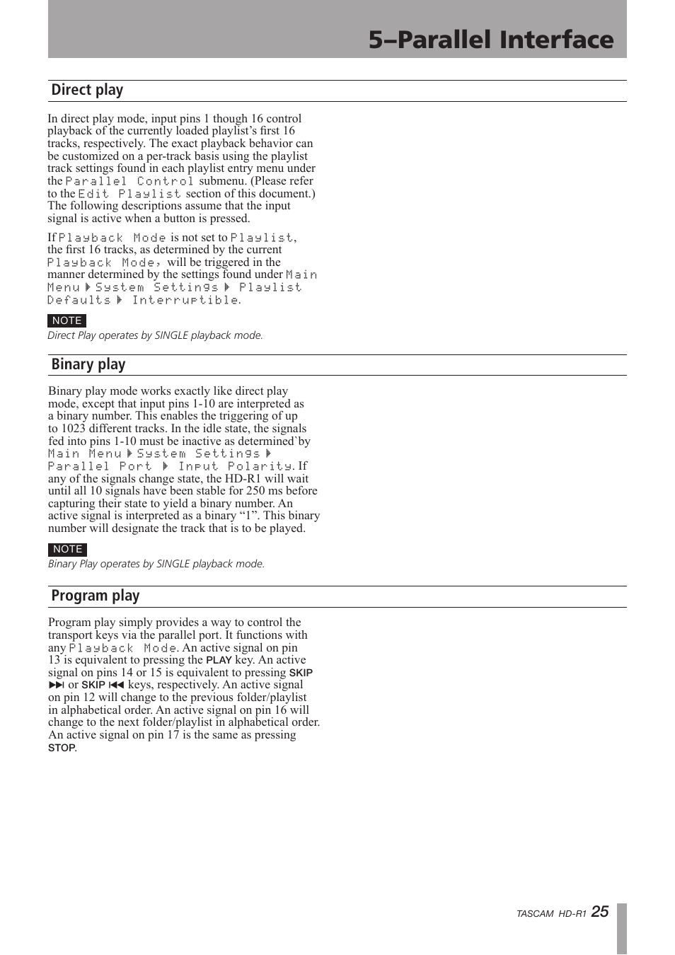 Direct play, Binary play, Program play | 5–parallel interface, Direct play binary play program play | Tascam HD-R1 User Manual | Page 25 / 32