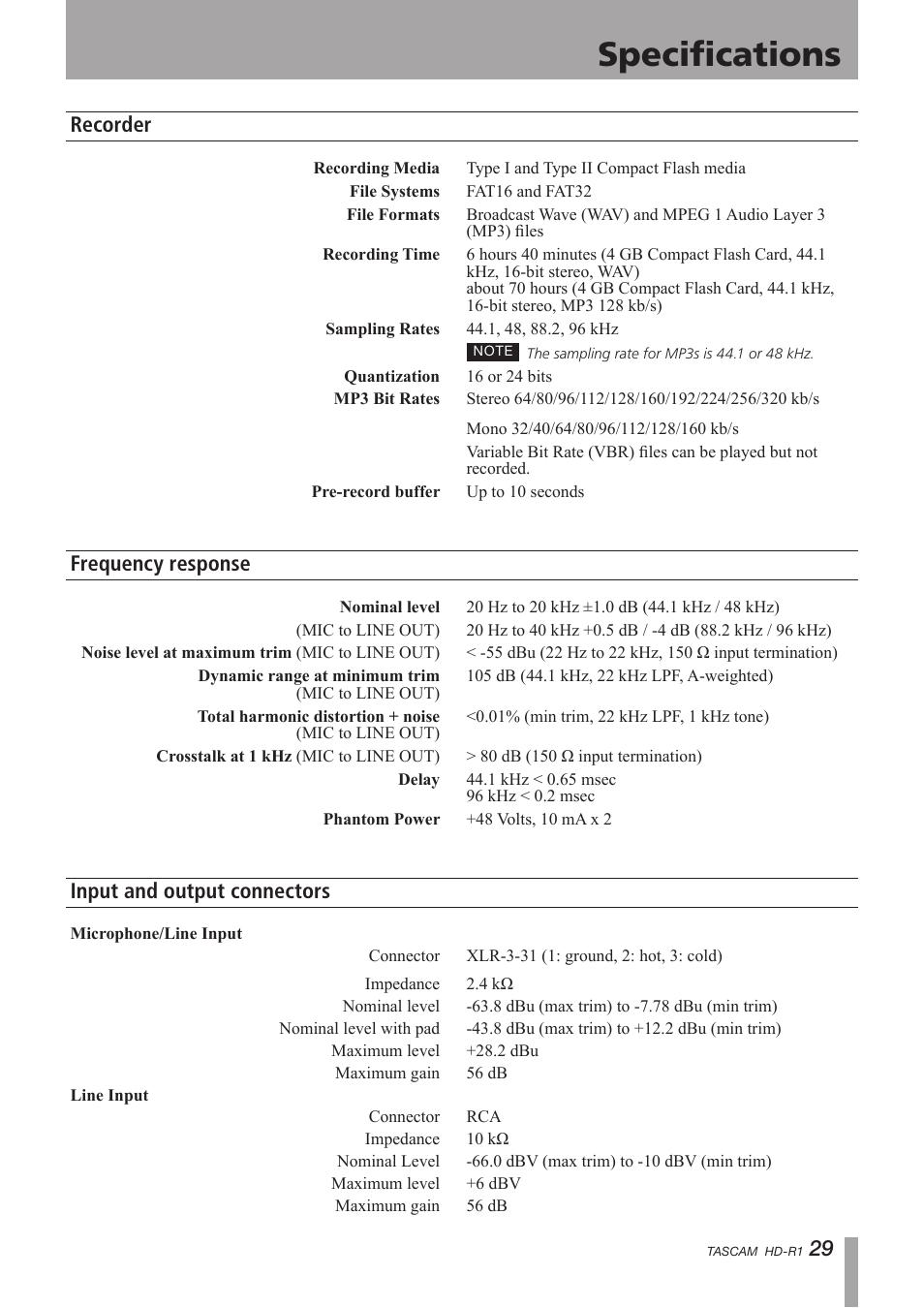 Specifications, Recorder, Frequency response | Input and output connectors | Tascam HD-R1 User Manual | Page 29 / 32