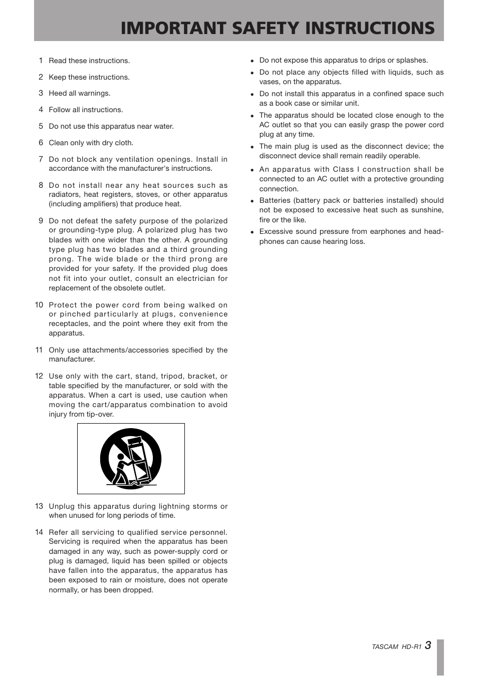 Important safety instructions | Tascam HD-R1 User Manual | Page 3 / 32