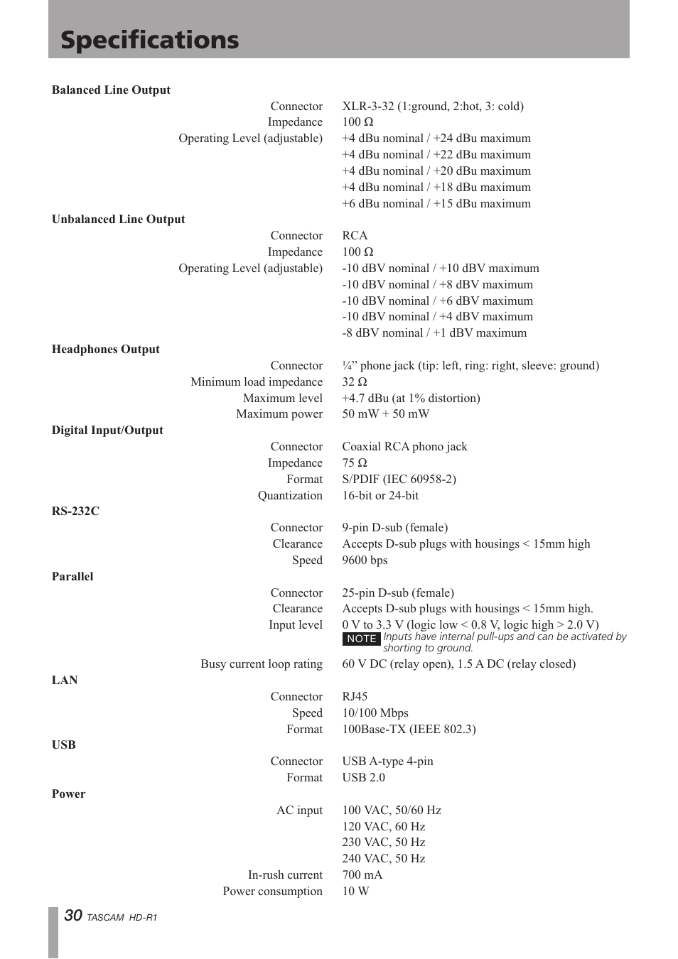 Specifications | Tascam HD-R1 User Manual | Page 30 / 32