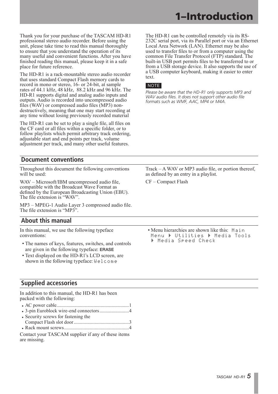 Introduction, Document conventions, About this manual | Supplied accessories, 1–introduction | Tascam HD-R1 User Manual | Page 5 / 32