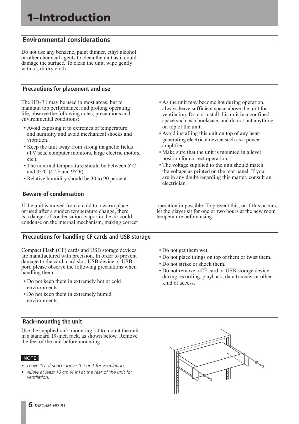 Environmental considerations, Precautions for placement and use, Beware of condensation | Precautions for handling cf cards and usb storage, Rack-mounting the unit, 1–introduction | Tascam HD-R1 User Manual | Page 6 / 32