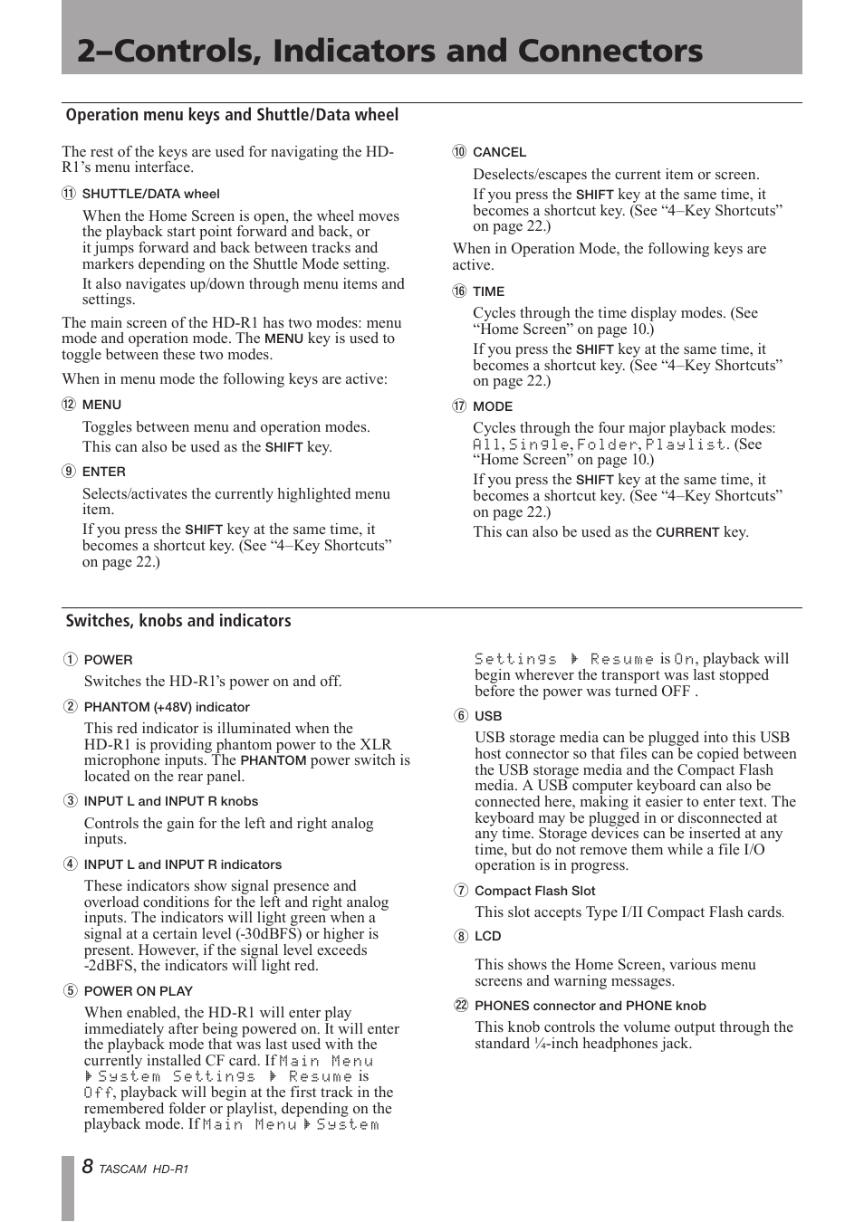 Operation menu keys and shuttle/data wheel, Switches, knobs and indicators, 2–controls, indicators and connectors | Tascam HD-R1 User Manual | Page 8 / 32