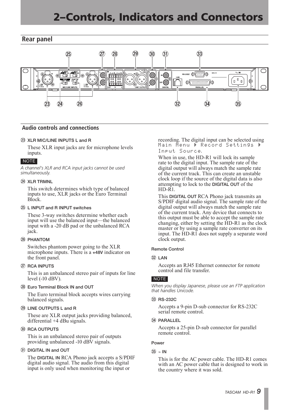 Rear panel, Audio controls and connections, 2–controls, indicators and connectors | Tascam HD-R1 User Manual | Page 9 / 32