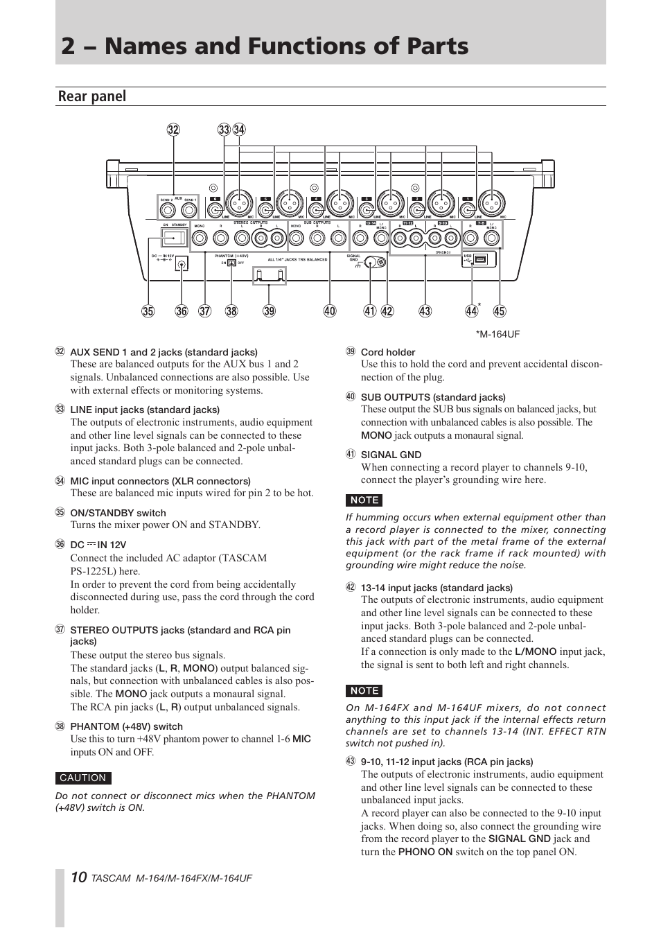 Rear panel, 2 − names and functions of parts | Tascam TEAC PROFESSIONAL M-164 User Manual | Page 10 / 40