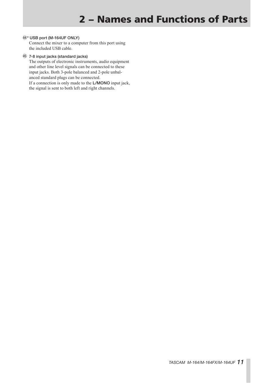 2 − names and functions of parts | Tascam TEAC PROFESSIONAL M-164 User Manual | Page 11 / 40