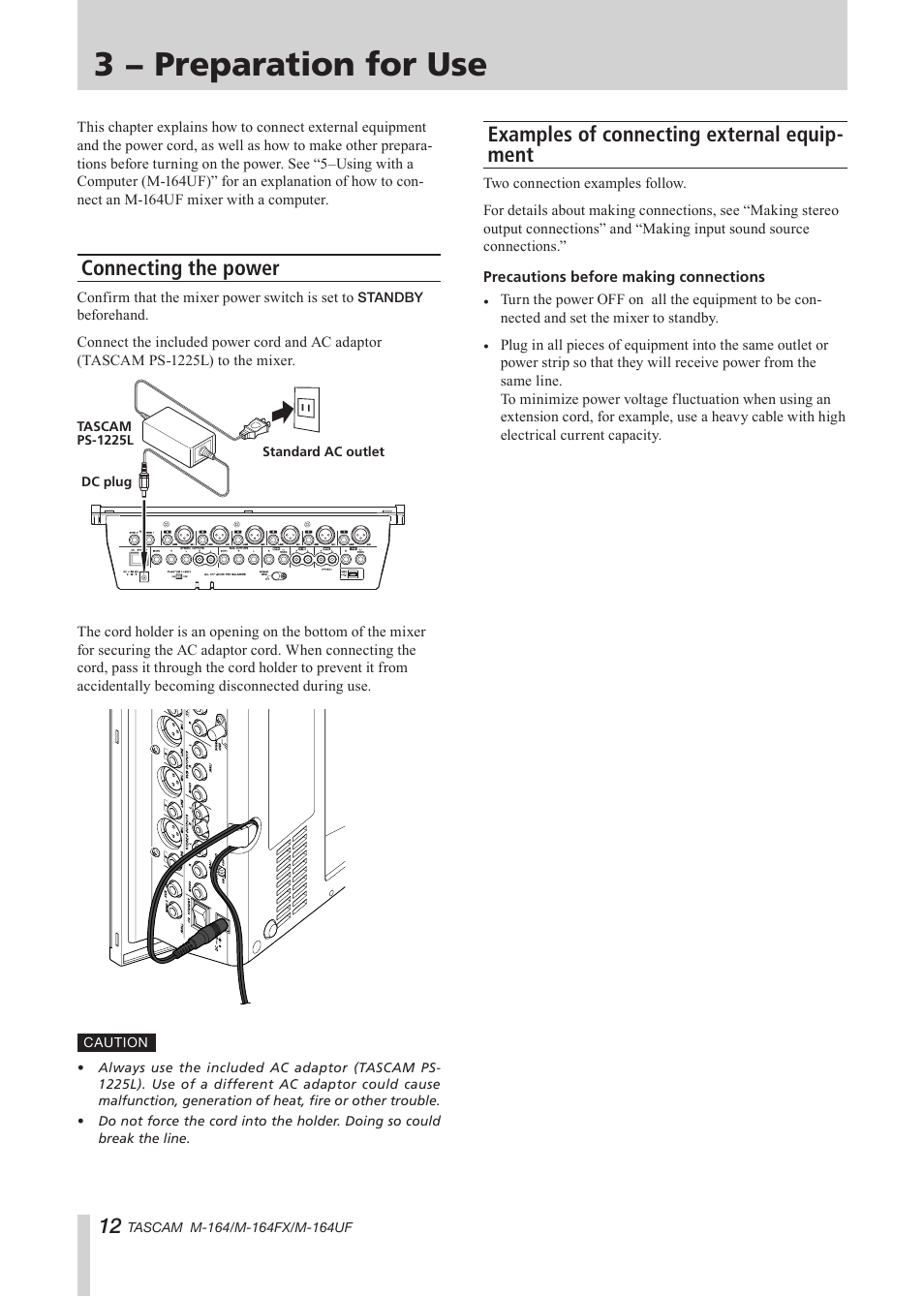 3 − preparation for use, Connecting the power, Examples of connecting external equipment | Equipment, Examples of connecting external equip- ment | Tascam TEAC PROFESSIONAL M-164 User Manual | Page 12 / 40