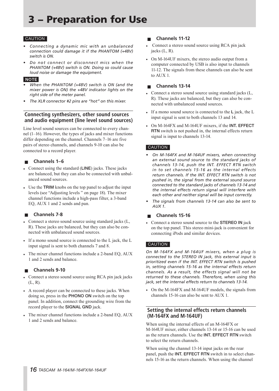 Channels (m-164fx and m-164uf), 3 − preparation for use | Tascam TEAC PROFESSIONAL M-164 User Manual | Page 16 / 40