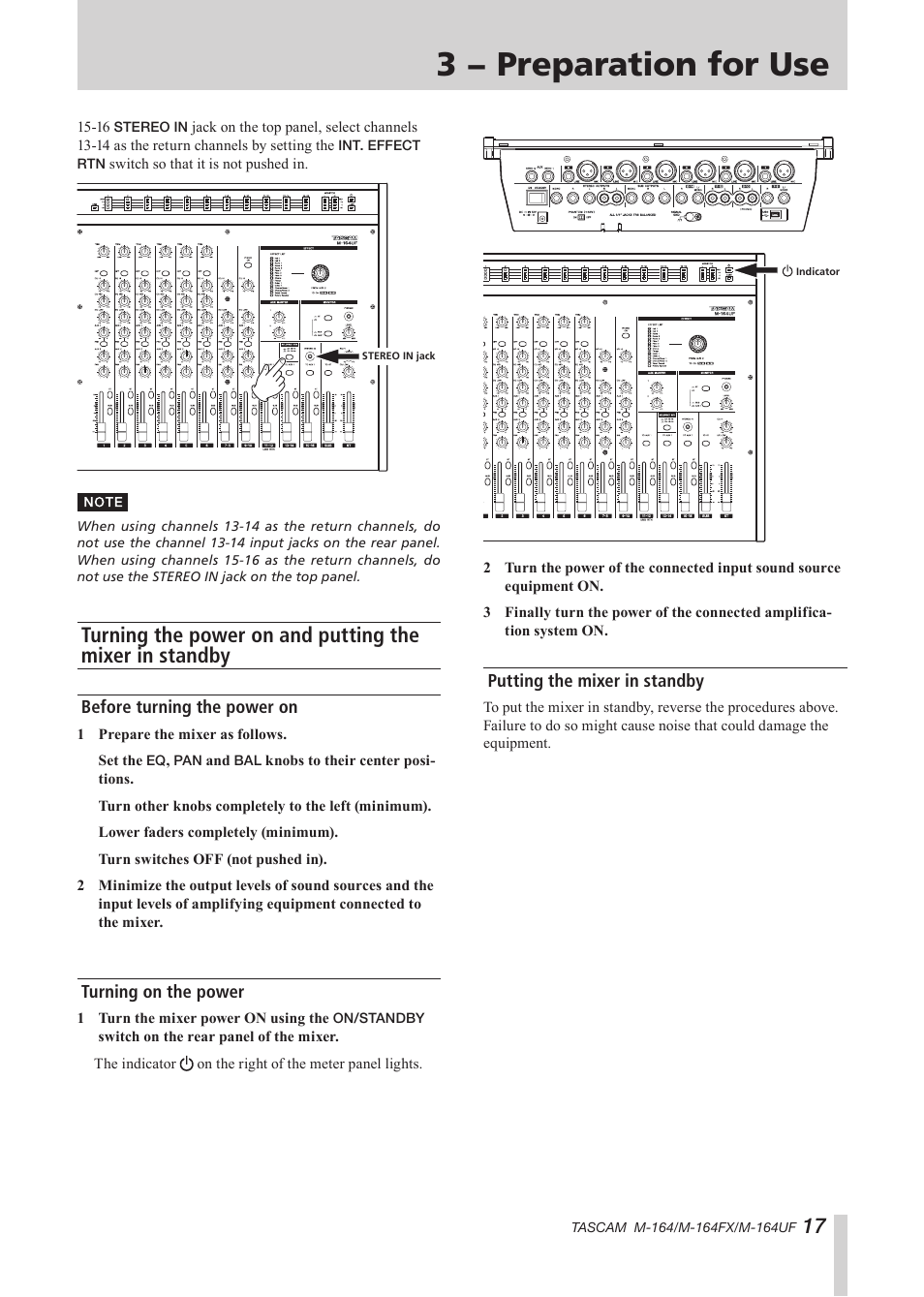 Before turning the power on, Turning on the power, Putting the mixer in standby | 3 − preparation for use | Tascam TEAC PROFESSIONAL M-164 User Manual | Page 17 / 40