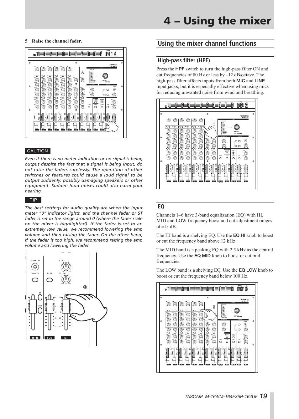 Using the mixer channel functions, High-pass filter (hpf), High-pass filter (hpf) eq | 4 − using the mixer | Tascam TEAC PROFESSIONAL M-164 User Manual | Page 19 / 40