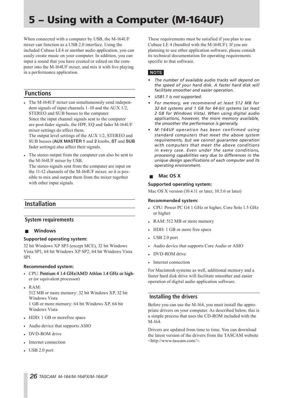 5 − using with a computer (m-164uf only), Functions, Installation | System requirements, Installing the drivers, 5 − using with a computer, M-164uf), Functions installation, System requirements installing the drivers, 5 − using with a computer (m-164uf) | Tascam TEAC PROFESSIONAL M-164 User Manual | Page 26 / 40