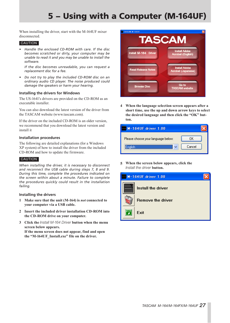 5 − using with a computer (m-164uf) | Tascam TEAC PROFESSIONAL M-164 User Manual | Page 27 / 40