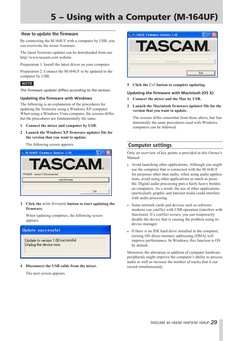 How to update the firmware, Computer settings, 5 − using with a computer (m-164uf) | Tascam TEAC PROFESSIONAL M-164 User Manual | Page 29 / 40