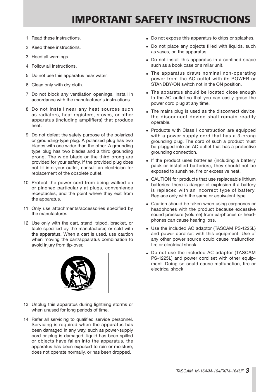 Important safety instructions | Tascam TEAC PROFESSIONAL M-164 User Manual | Page 3 / 40