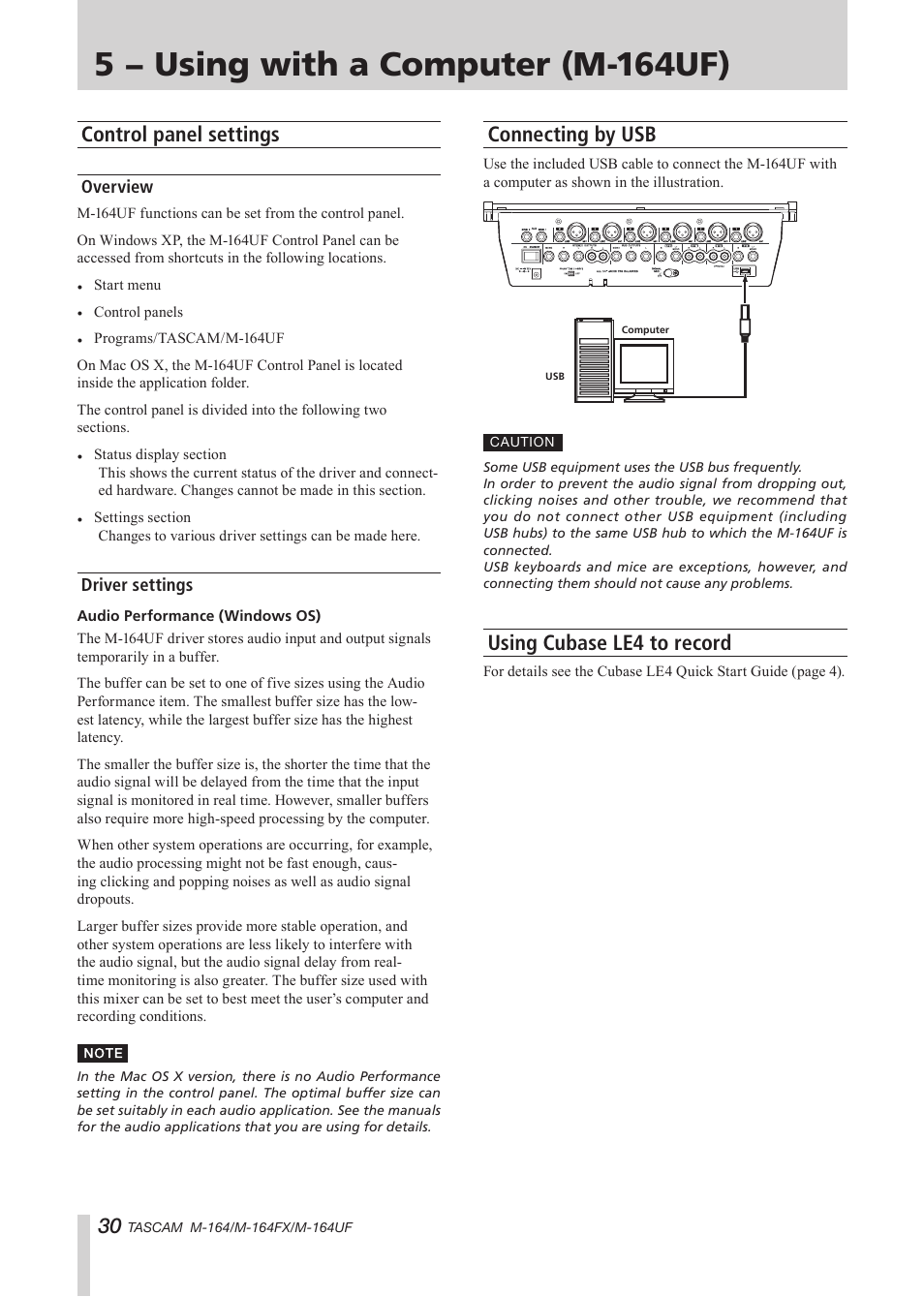 Control panel settings, Overview, Driver settings | Connecting by usb, Using cubase le4 to record, Overview driver settings, Connecting by usb using cubase le4 to record, 5 − using with a computer (m-164uf) | Tascam TEAC PROFESSIONAL M-164 User Manual | Page 30 / 40