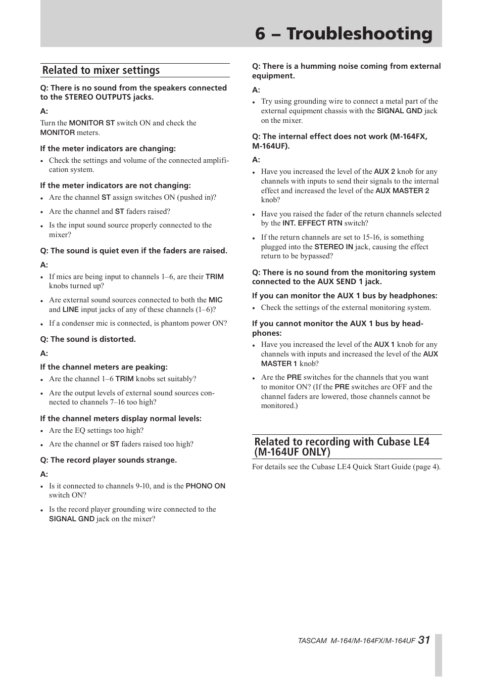 6 − troubleshooting, Related to mixer settings | Tascam TEAC PROFESSIONAL M-164 User Manual | Page 31 / 40