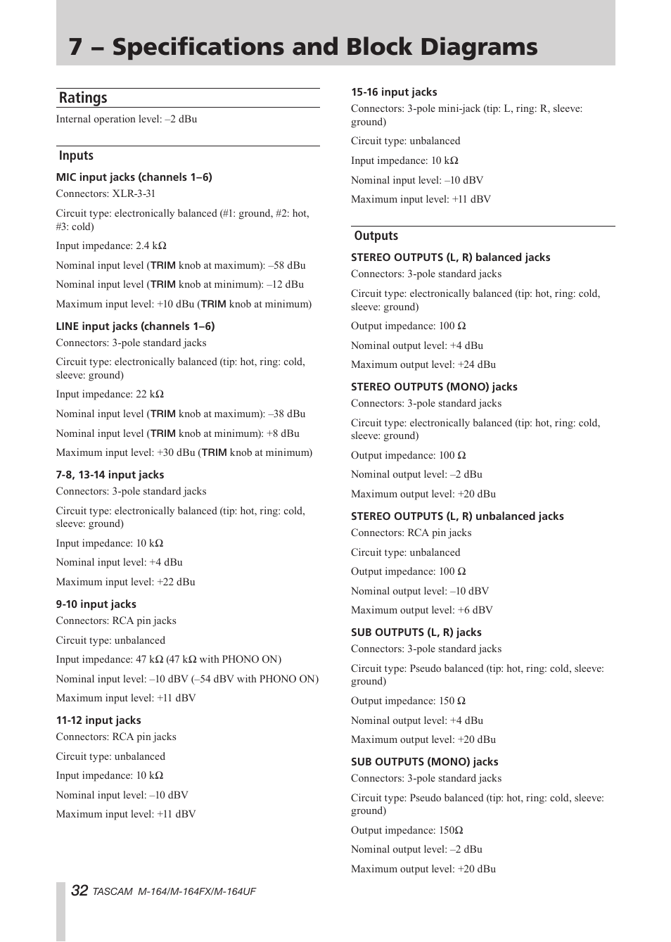 7 − specifications and block diagrams, Ratings, Inputs | Outputs, Inputs outputs | Tascam TEAC PROFESSIONAL M-164 User Manual | Page 32 / 40