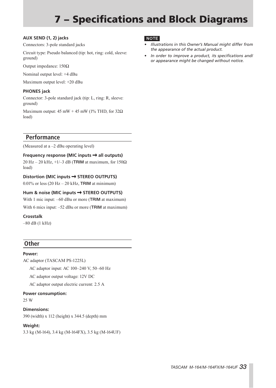 Performance, Other, Performance other | 7 − specifications and block diagrams | Tascam TEAC PROFESSIONAL M-164 User Manual | Page 33 / 40