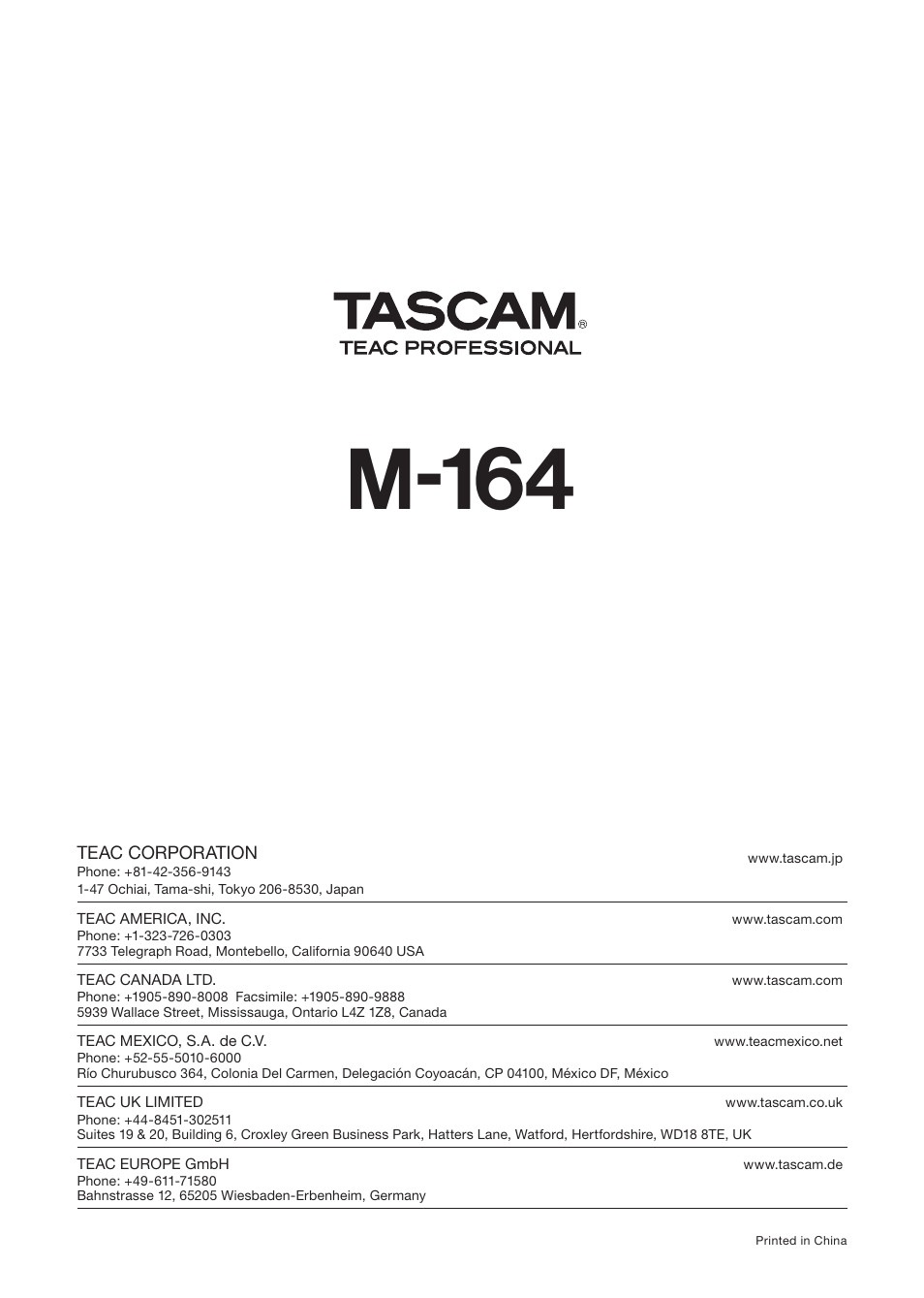 M-164 | Tascam TEAC PROFESSIONAL M-164 User Manual | Page 40 / 40