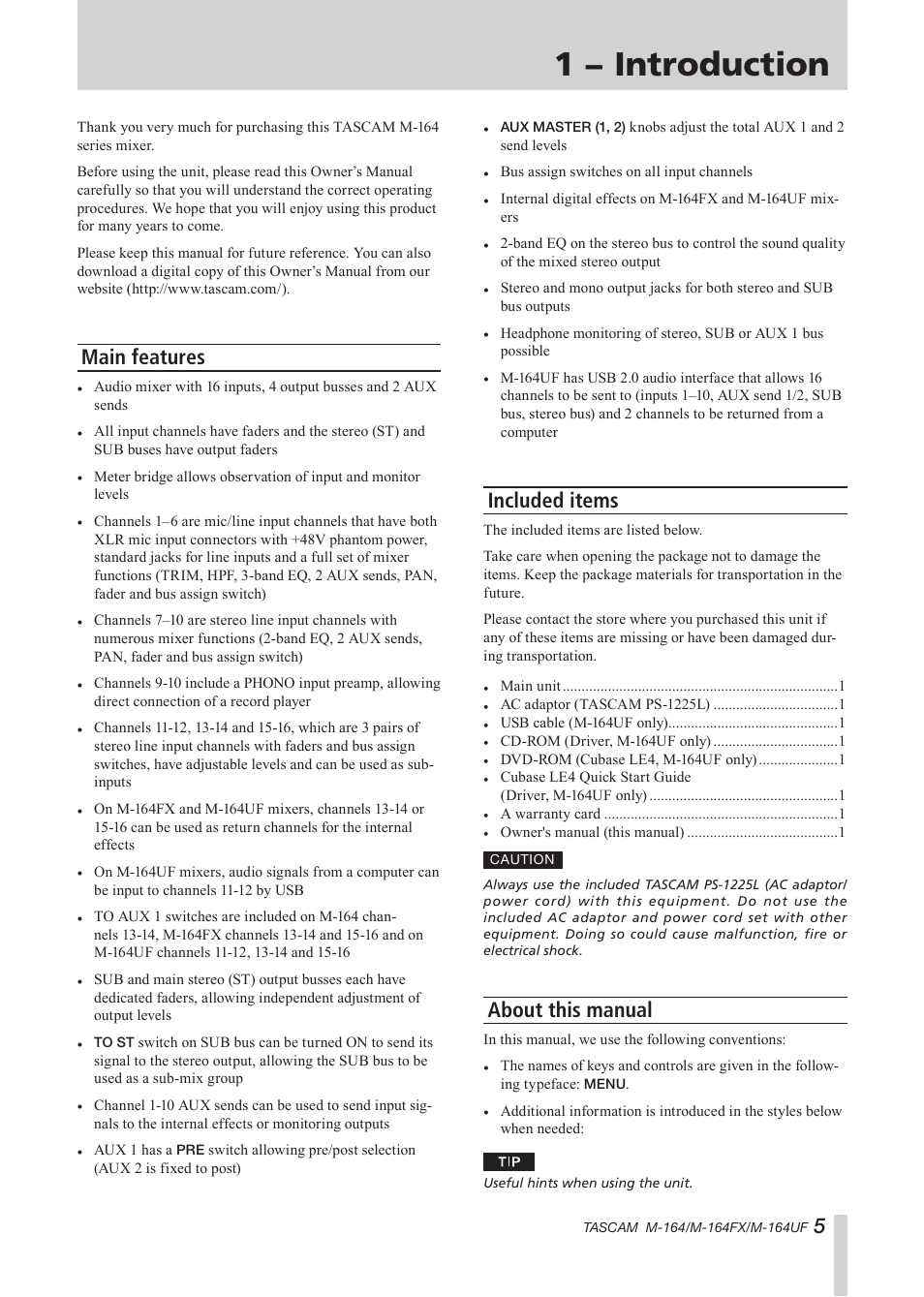 1 − introduction, Main features, Included items | About this manual, Main features included items about this manual | Tascam TEAC PROFESSIONAL M-164 User Manual | Page 5 / 40