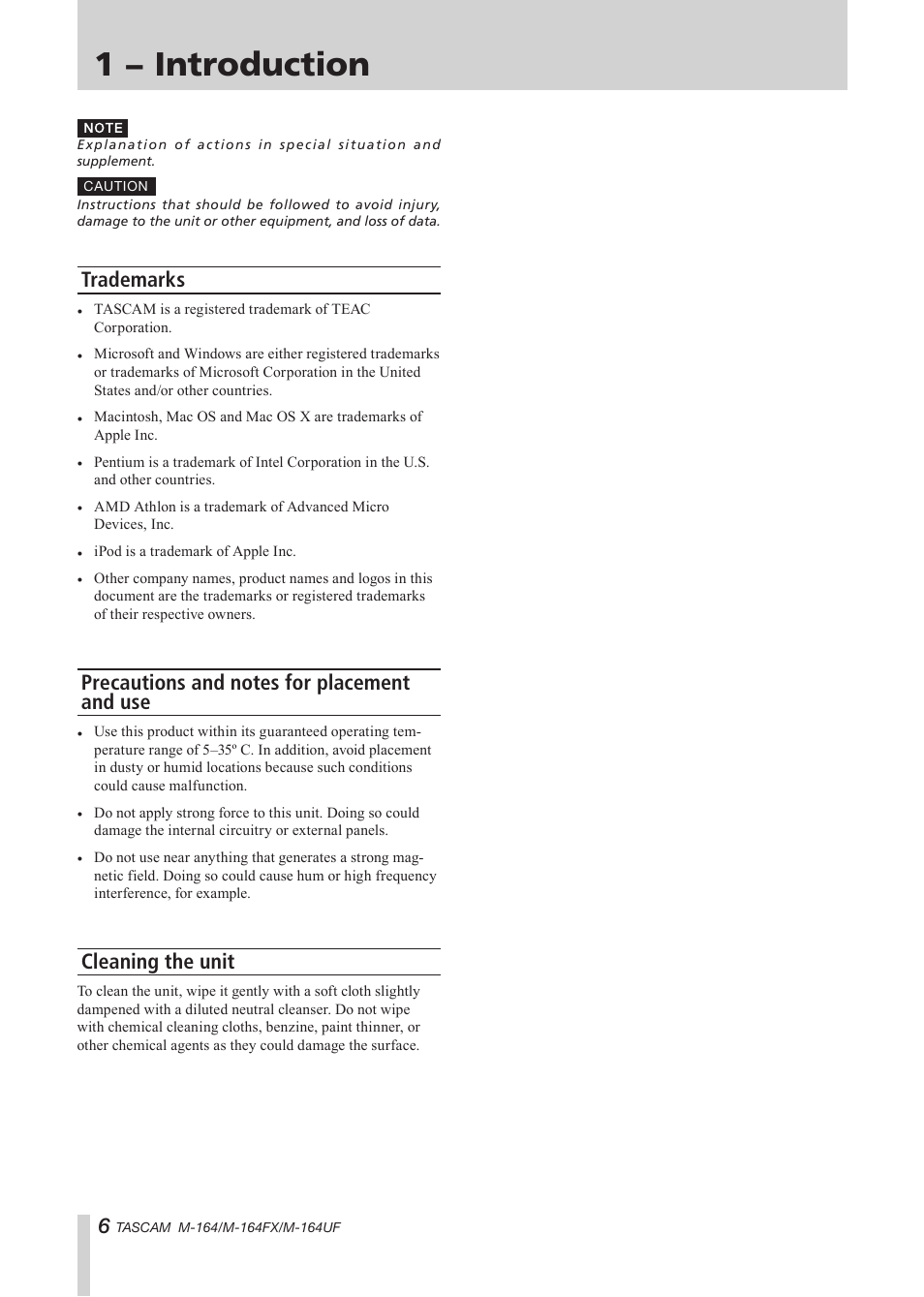 Trademarks, Precautions and notes for placement and use, Cleaning the unit | Trademarks precautions and notes for placement and, Use cleaning the unit, 1 − introduction | Tascam TEAC PROFESSIONAL M-164 User Manual | Page 6 / 40