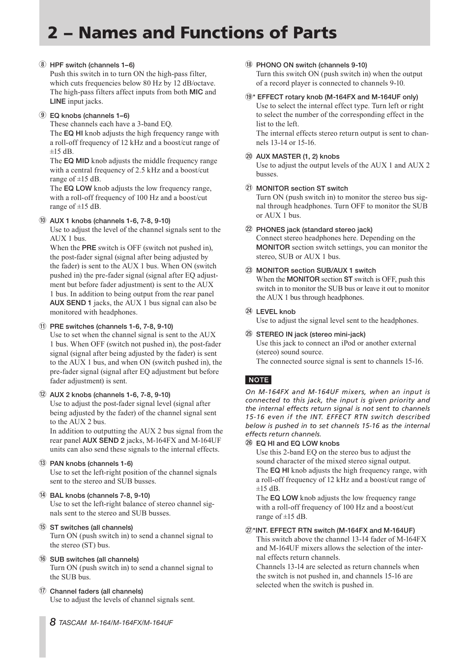 2 − names and functions of parts | Tascam TEAC PROFESSIONAL M-164 User Manual | Page 8 / 40