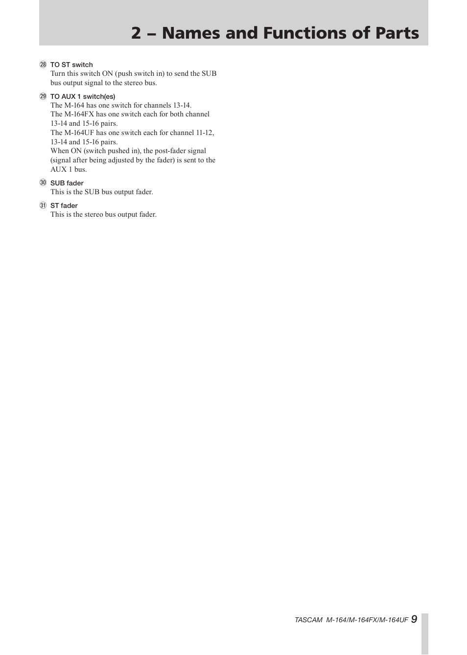 2 − names and functions of parts | Tascam TEAC PROFESSIONAL M-164 User Manual | Page 9 / 40