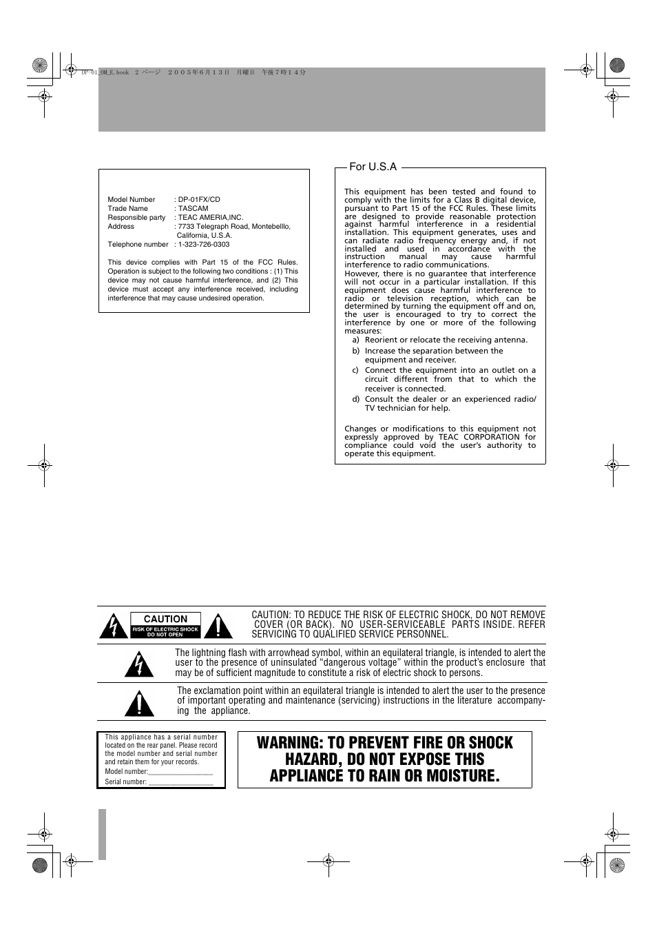 Important safety precautions | Tascam DP-01FX/CD User Manual | Page 2 / 88