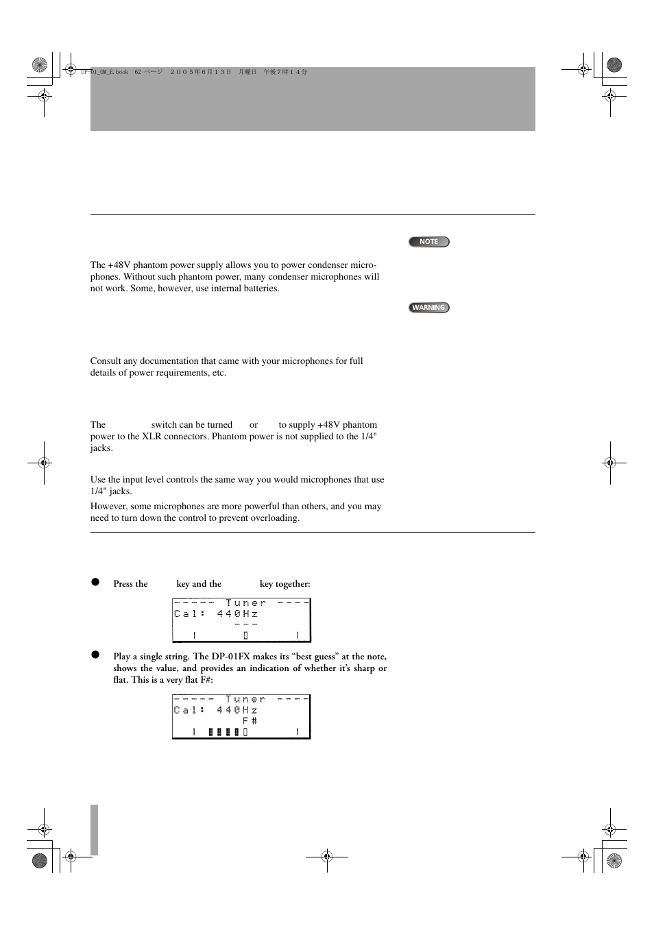 3 : dp-01fx appendix, Balanced xlr inputs, Tuning a guitar | Tascam DP-01FX/CD User Manual | Page 62 / 88