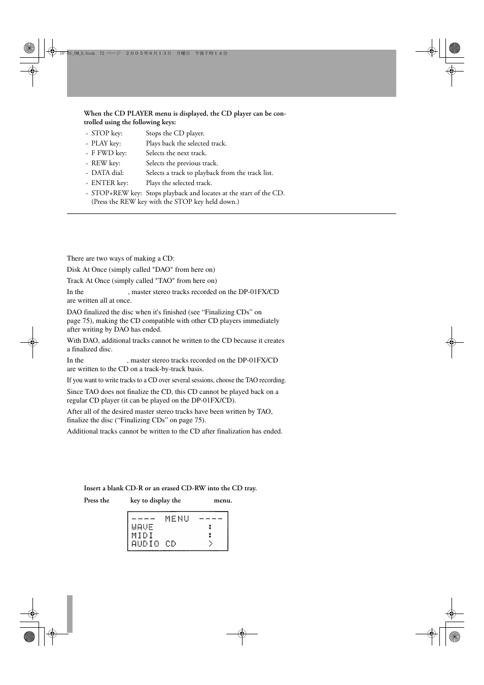 Audio cd menu | Tascam DP-01FX/CD User Manual | Page 72 / 88