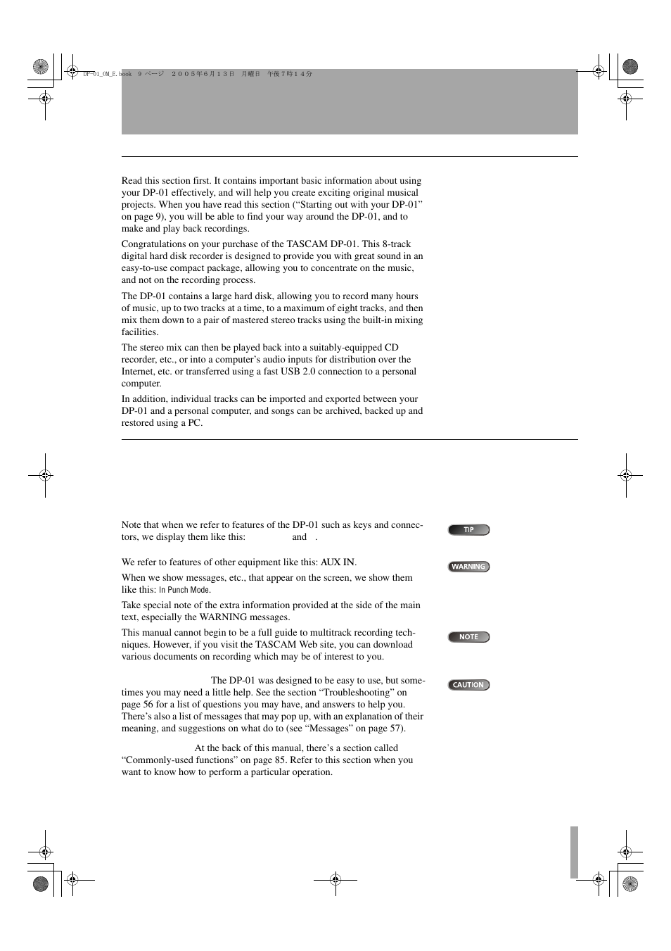 1 : starting out with your dp-01, Getting started | Tascam DP-01FX/CD User Manual | Page 9 / 88